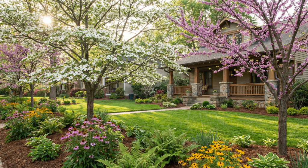 Greensboro residential garden featuring Eastern Redbud, Dogwood, Purple Coneflowers and Black-eyed Susans in spring