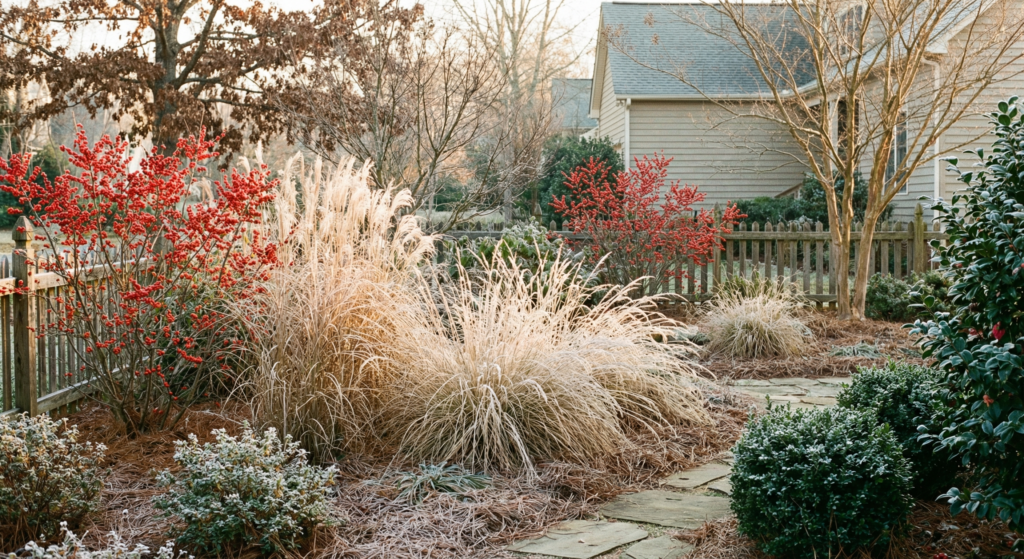 Peaceful winter garden scene with frost and winterberry in Greensboro NC