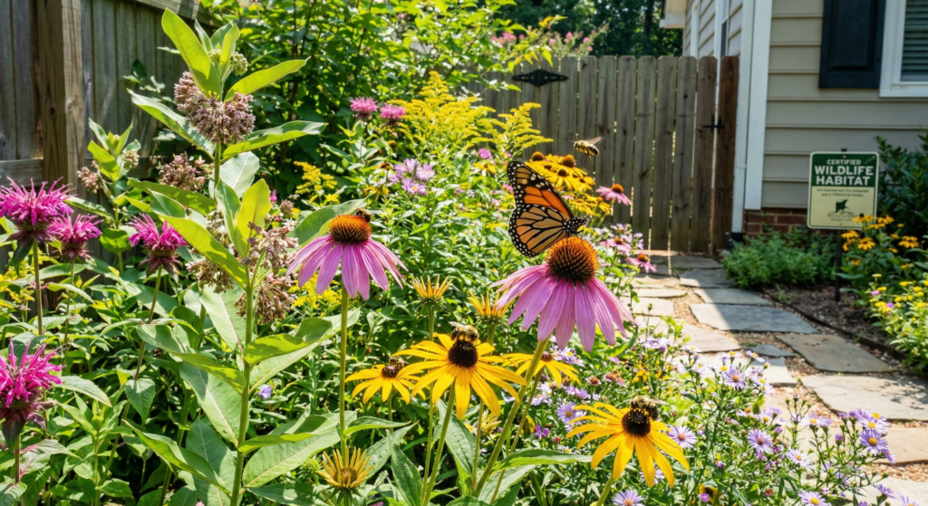 Vibrant pollinator garden with monarch butterfly and native flowers in Greensboro NC