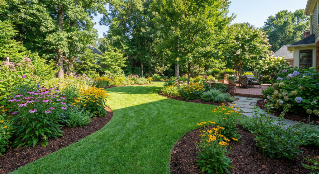 Beautiful summer garden in Greensboro NC with native flowers