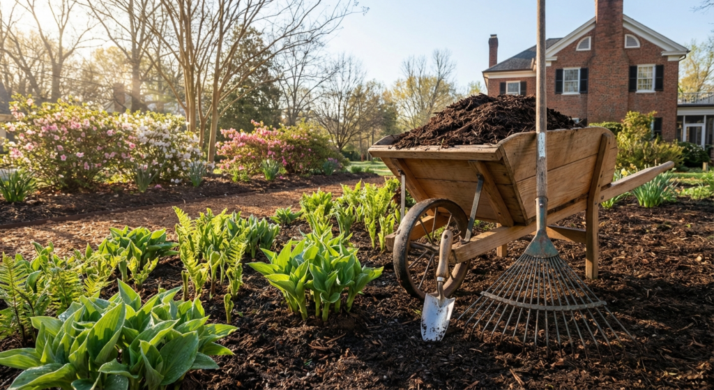 Early spring garden cleanup in Greensboro NC Zone 7b with gardening tools and fresh soil