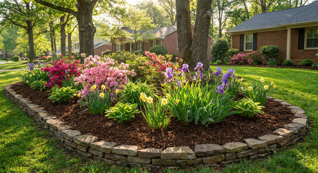 Fresh mulch in a Greensboro North Carolina garden bed with spring flowers
