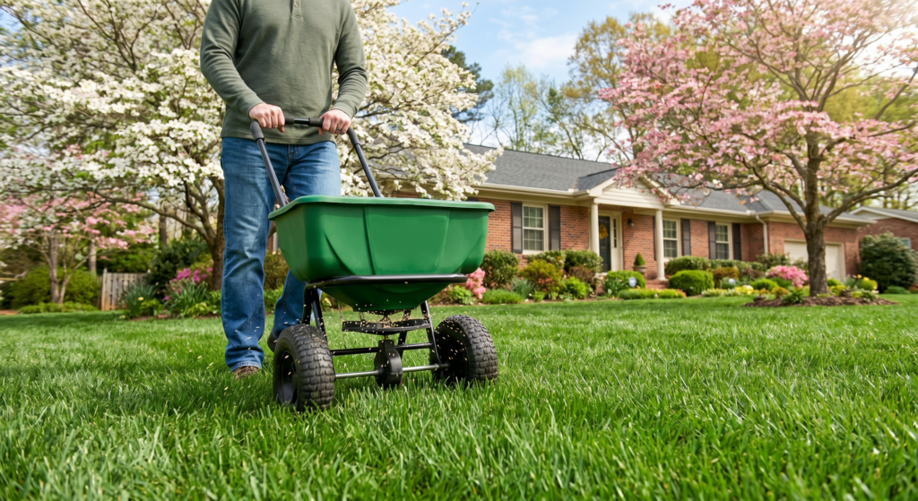 Lush fescue lawn with homeowner fertilizing in Greensboro NC spring