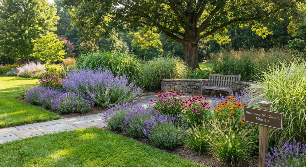 Beautiful deer-resistant garden in Greensboro North Carolina Zone 7b featuring lavender, Russian sage, and ornamental grasses