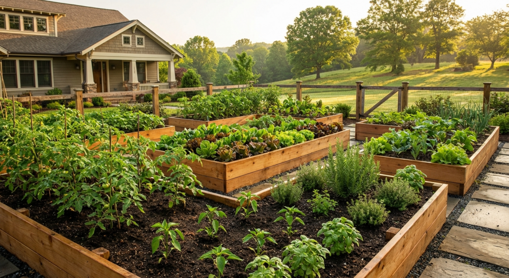 Beautiful spring vegetable garden in Greensboro North Carolina with raised beds and growing vegetables
